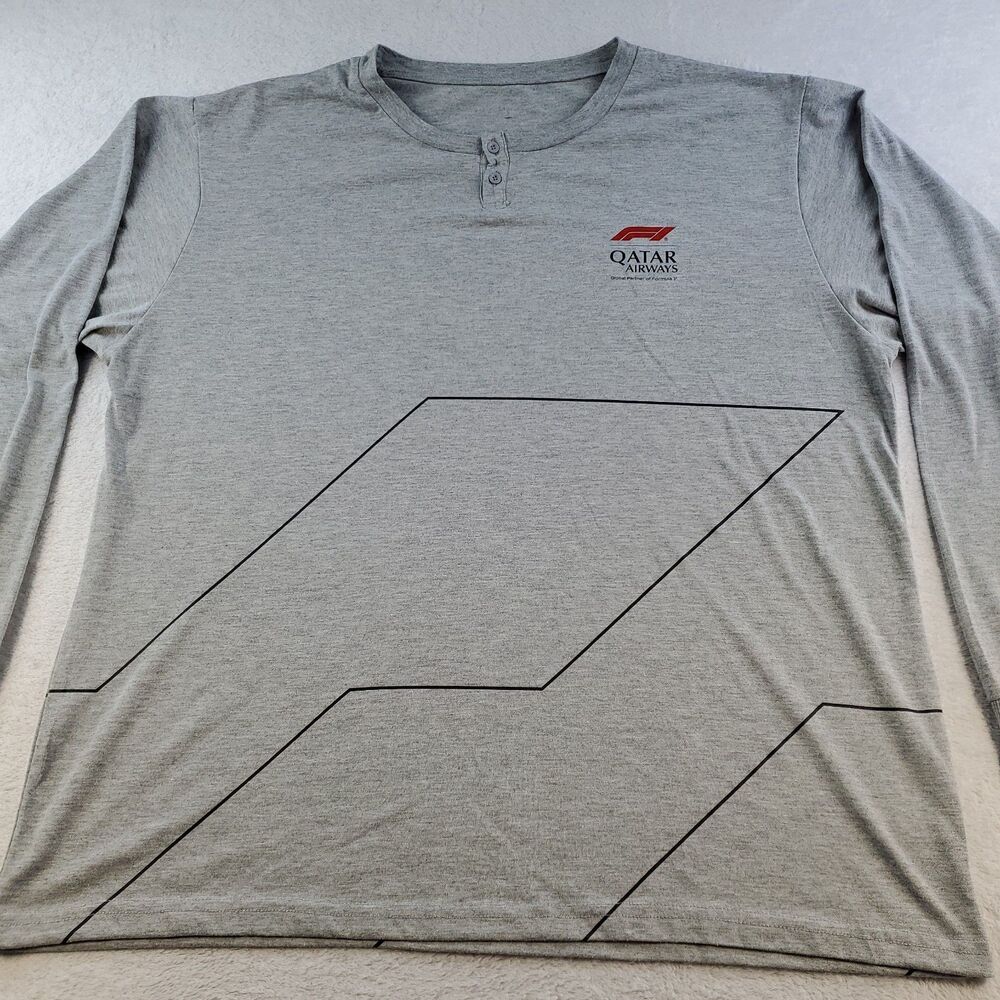 Qatar Airways F1 Official Graphic Henley Shirt Mens L Grey Racing Grand Prix GP